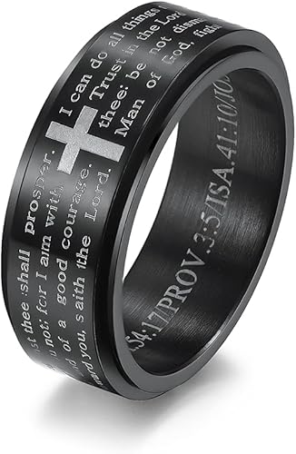 ALEXTINA 8MM Men's Stainless Steel Bible Verse Christian Lord's Prayer Cross Ring