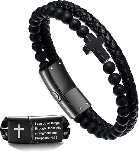 Men's Steel Black Double-row Bracelet with a Cross