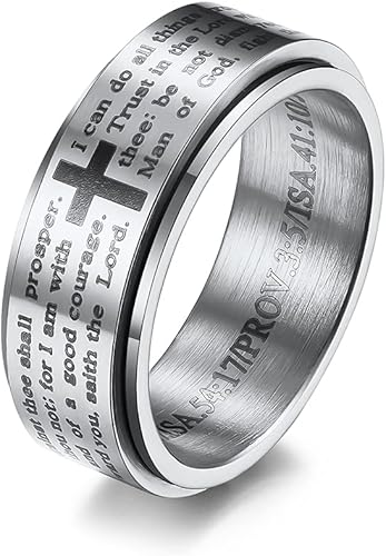 ALEXTINA 8MM Men's Stainless Steel Bible Verse Christian Lord's Prayer Cross Ring