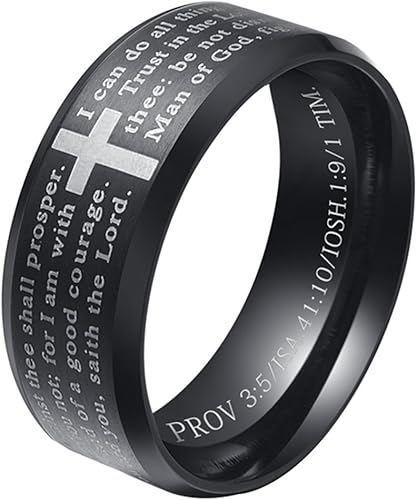ALEXTINA 8MM Men's Stainless Steel Bible Verse Christian Lord's Prayer Cross Ring