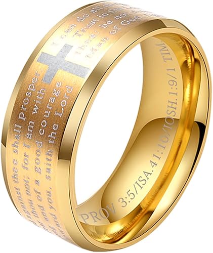 ALEXTINA 8MM Men's Stainless Steel Bible Verse Christian Lord's Prayer Cross Ring
