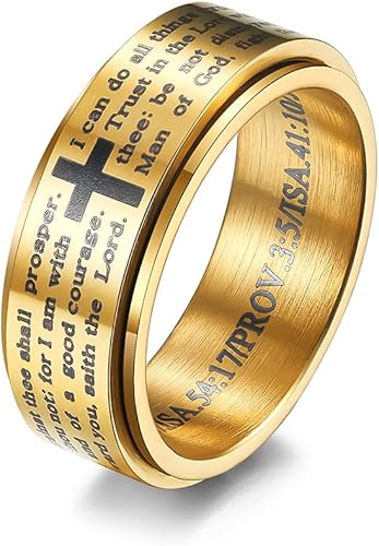 ALEXTINA 8MM Men's Stainless Steel Bible Verse Christian Lord's Prayer Cross Ring