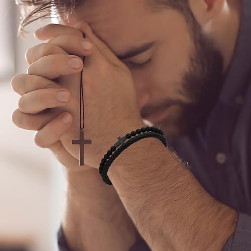 Men's Steel Black Double-row Bracelet with a Cross