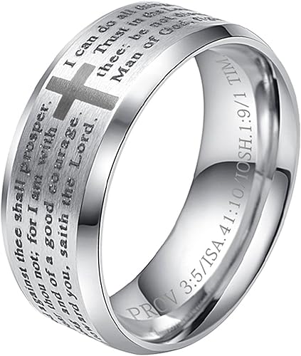 ALEXTINA 8MM Men's Stainless Steel Bible Verse Christian Lord's Prayer Cross Ring